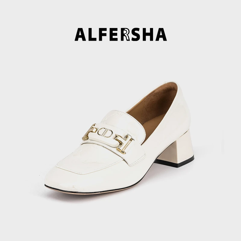 2025春款四季单鞋阿芙莎3320553压花金属扣粗跟方头单鞋B