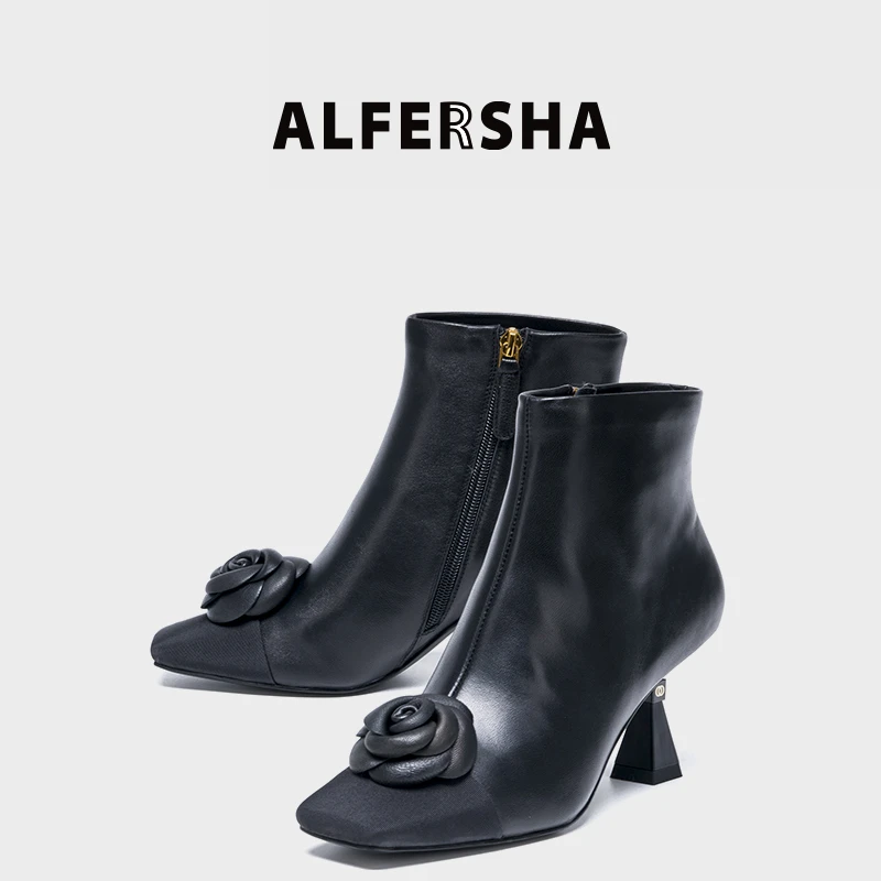 2025春款阿芙莎广系联名款36998新款简约山茶花细跟侧拉链短靴D