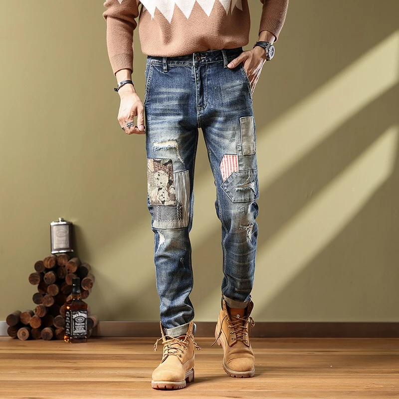 春秋季潮流牛仔裤小熊男牛仔裤子撞色补丁牛仔裤破洞修身小直筒裤
