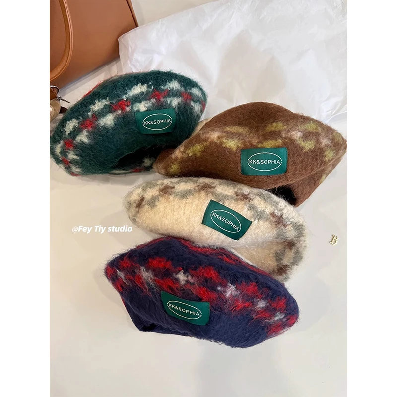 原创复古氛围感雪花贝雷帽秋冬百搭毛线帽南瓜帽显脸小针织画家帽