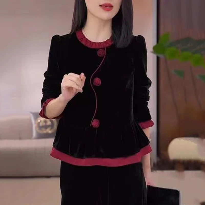 法式丝绒拼色花朵长袖打底衬衫女春季新款显瘦减龄妈妈装外穿上衣