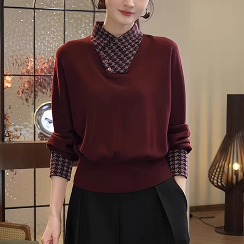 洋气拼接假两件针织衫女春季新款内搭毛衣慵懒高级感套头长袖上衣