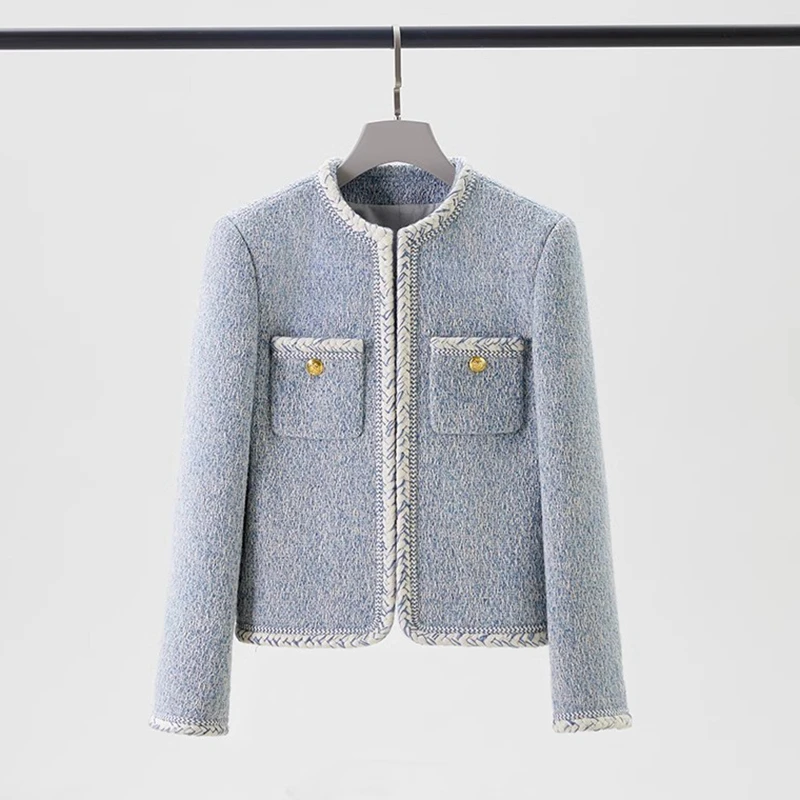 韩版粗花呢料气质小香风外套女春季新款宽松百搭圆领修身显瘦上衣