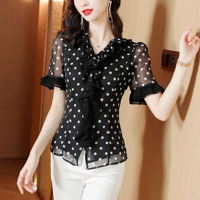法式v领荷叶边气质衬衫女夏季新款设计感小众洋气波点v领显瘦上衣