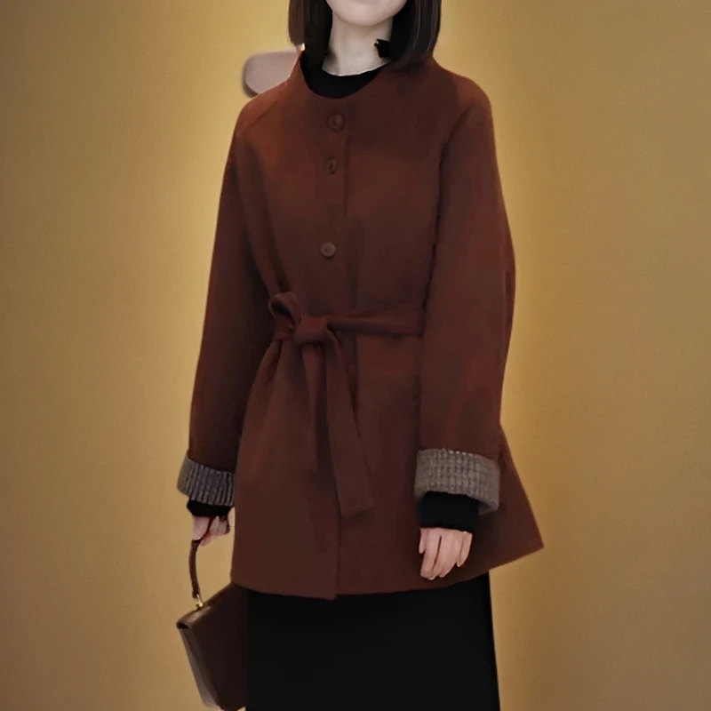 撞色设计感小众毛呢外套女秋冬新款休闲百搭宽松收腰中长呢子大衣