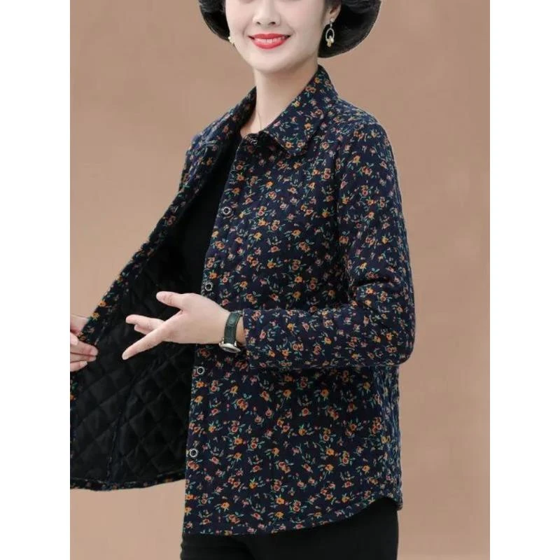 老太太春装夹棉衬衫外套含棉细条绒春秋老人衣服妈妈上衣奶奶服装