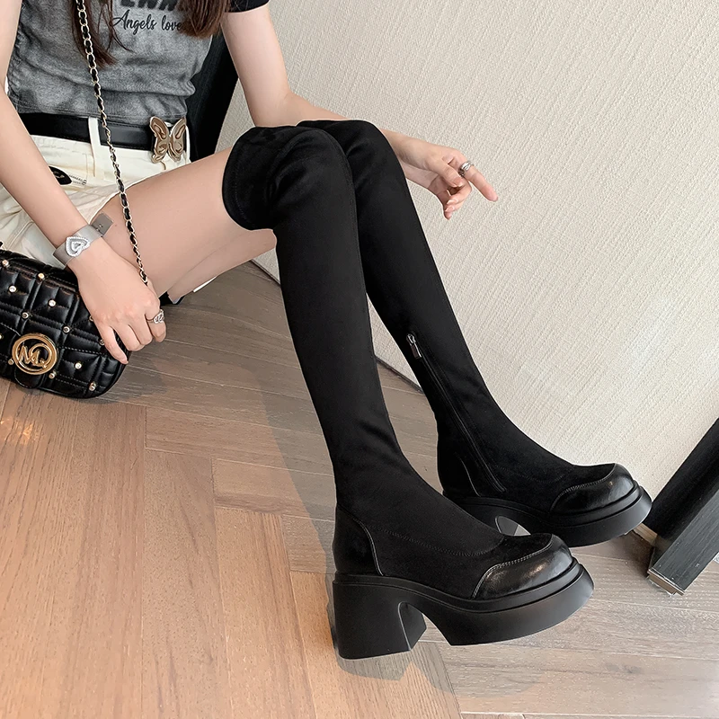 秋美儿厚底过膝长靴女大筒围拼接绒面弹力靴显瘦小个子增高瘦瘦靴