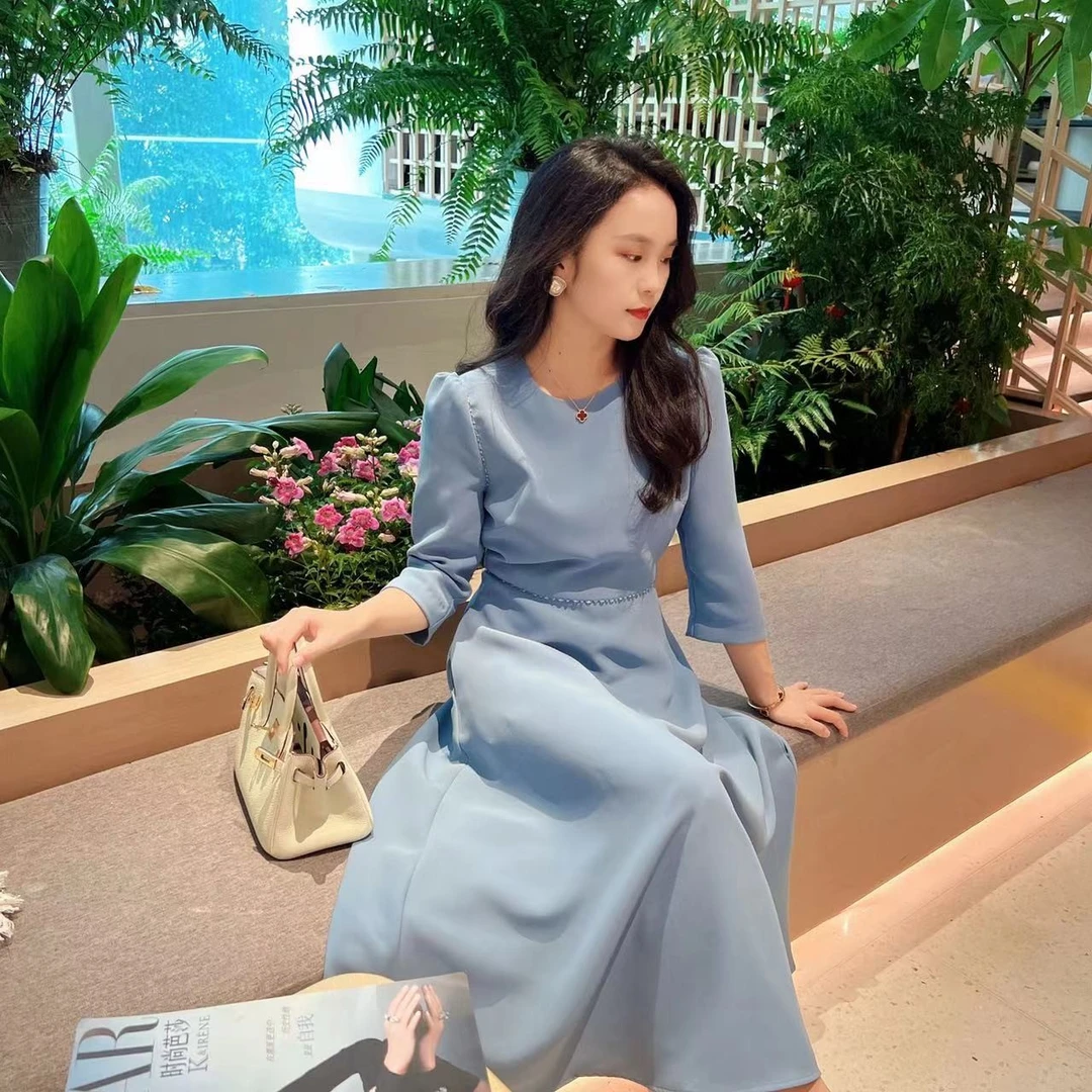 【晓晴的私服2】手工钉珠早秋设计师莫兰迪色优雅气质A摆高腰连衣裙