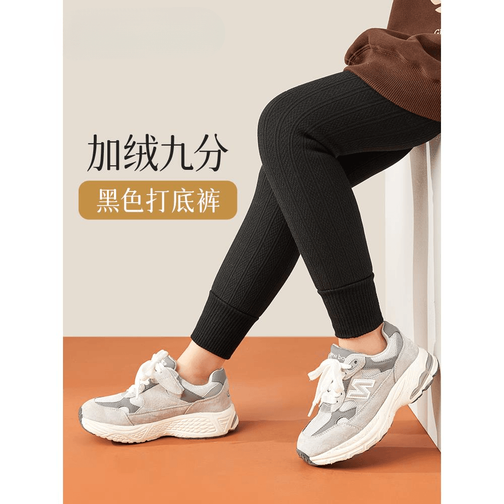儿童黑色打底裤秋冬季加绒加厚中大童打底袜新款外穿女童九分裤子