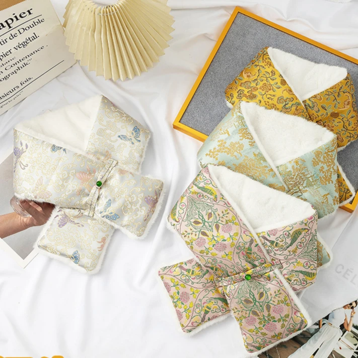 秋冬新款中国风仿宋锦米貂双面围巾防冻御寒保暖旗袍搭配高端围巾