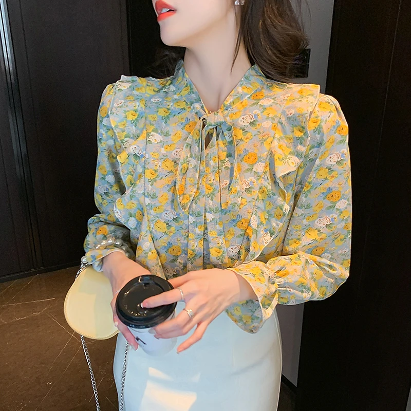 2024春季新款雪纺衫女长袖飘带荷叶印花蝴蝶结衬衫上衣潮百搭显瘦