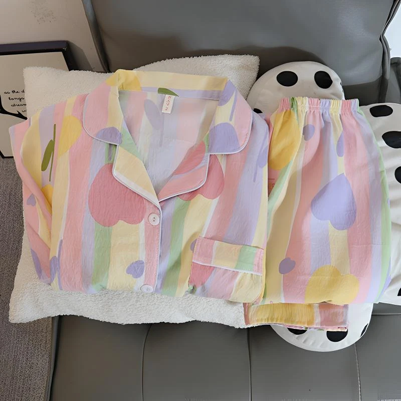 睡衣女长袖新款春秋季薄款云朵棉开衫卡通甜美可爱女士家居服套装