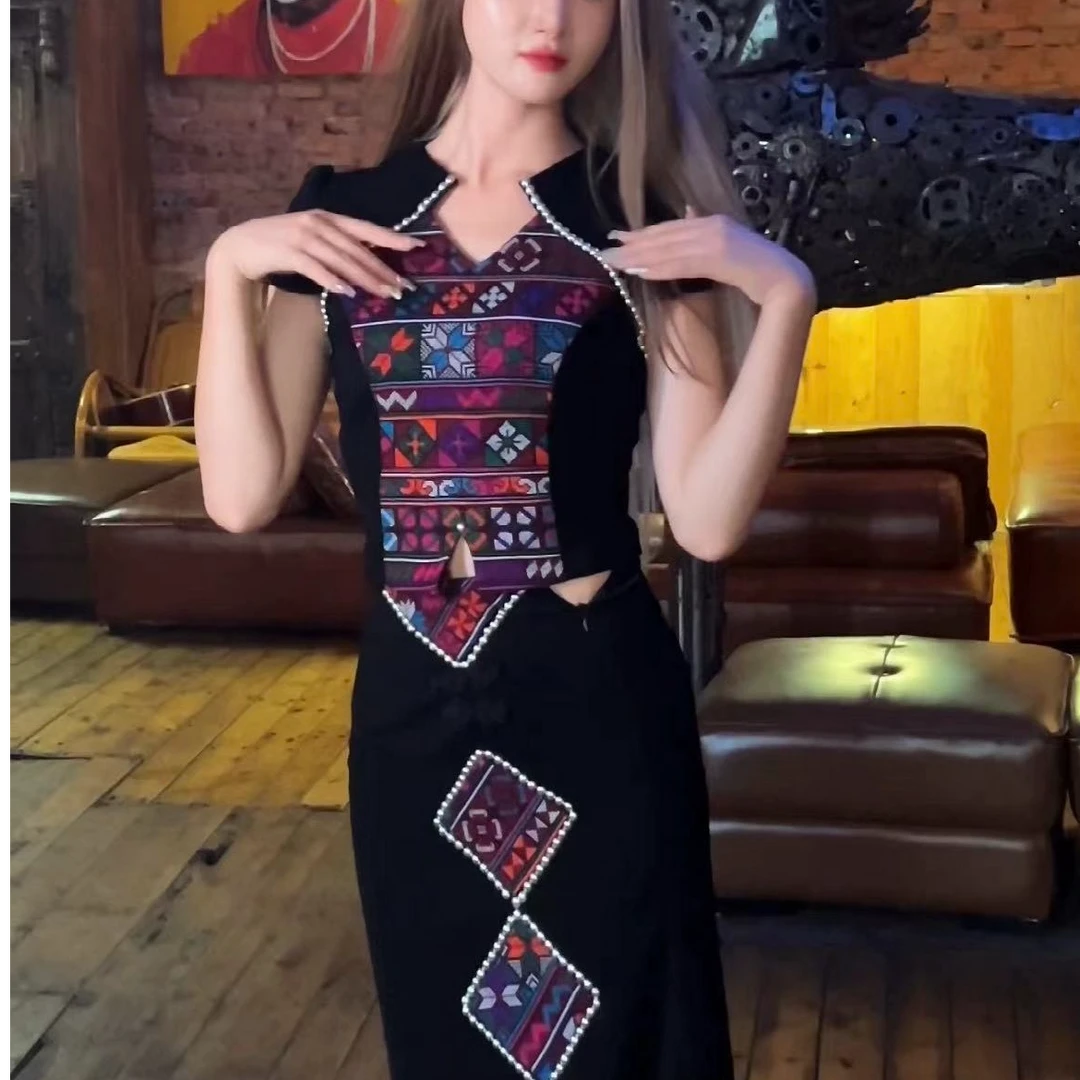 KLM 哈尼族改良 黑色v领长裙