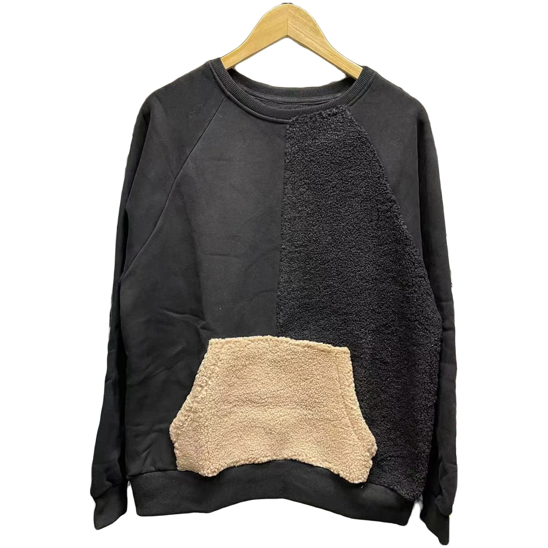 WY067-C区6【加绒】情侣港风宽松版颗粒绒加厚拼接加绒圆领套头卫衣