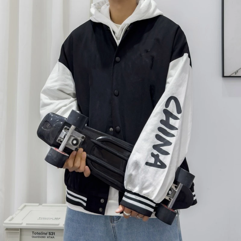 J7141-C区1情侣港风宽松版春秋水洗棉撞色棒球领休闲棒球服夹克