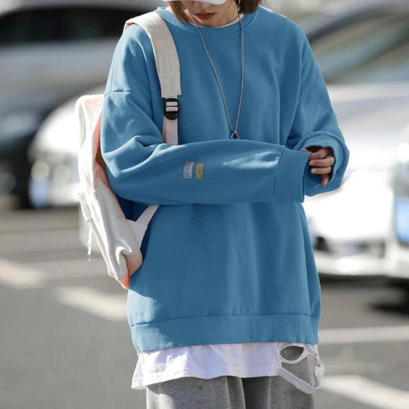 HY23-B区7情侣港风宽松版春秋纯色秋季男上衣假两件圆领套头卫衣