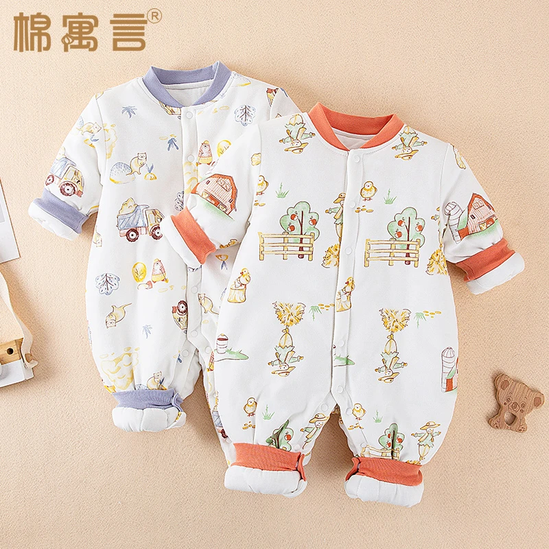 秋冬季纯棉婴儿夹棉连体衣新生儿哈衣厚棉衣可爱超萌宝宝爬服外穿