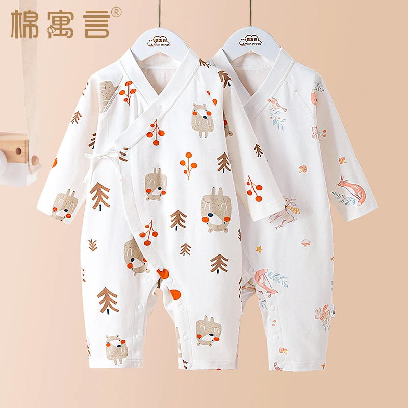 纯棉婴儿连体衣春秋季长袖爬服新生儿斜襟和尚服宝宝护肚无骨哈衣