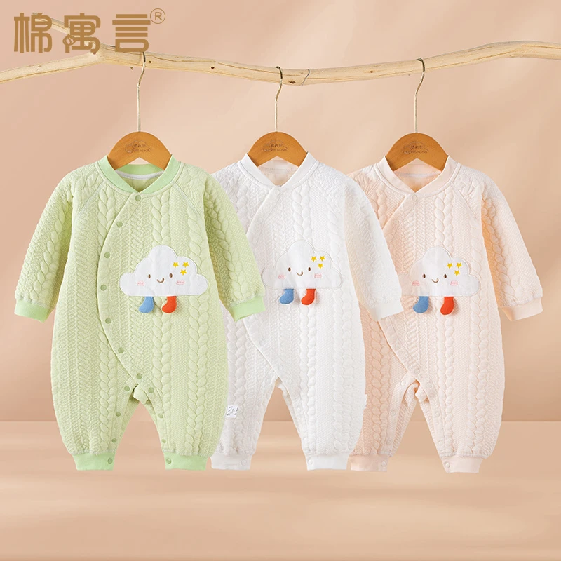 婴儿秋冬季夹棉三层保暖宝宝外出爬服长袖斜襟连体衣加厚哈衣加棉