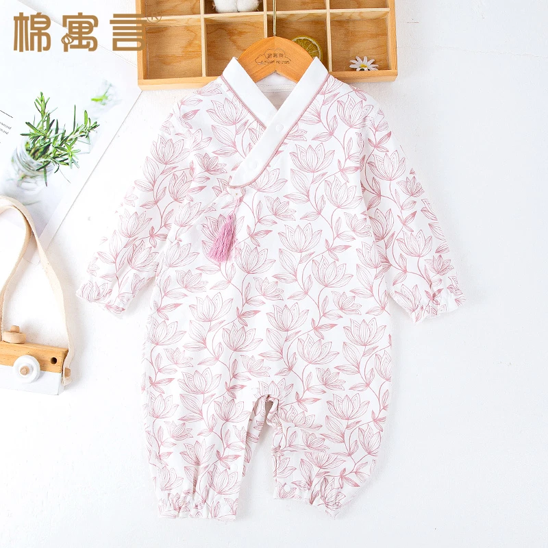 婴幼儿衣服春秋季中国风女宝宝长袖连体衣新生儿纯棉斜襟哈衣爬服