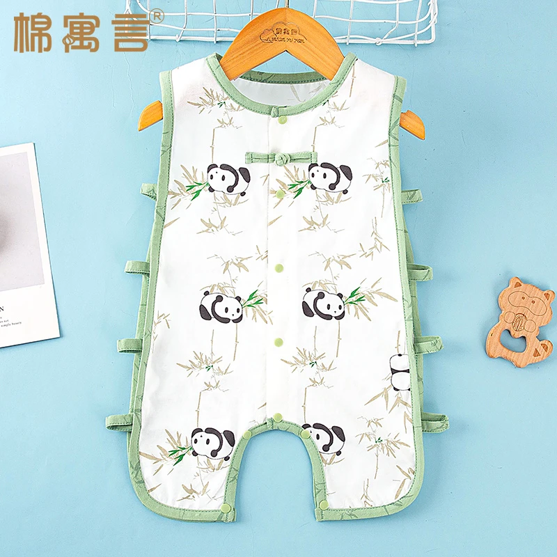 新中式婴儿无袖连体衣夏季薄款新生儿琵琶衣爬服宝宝纯棉背心哈衣