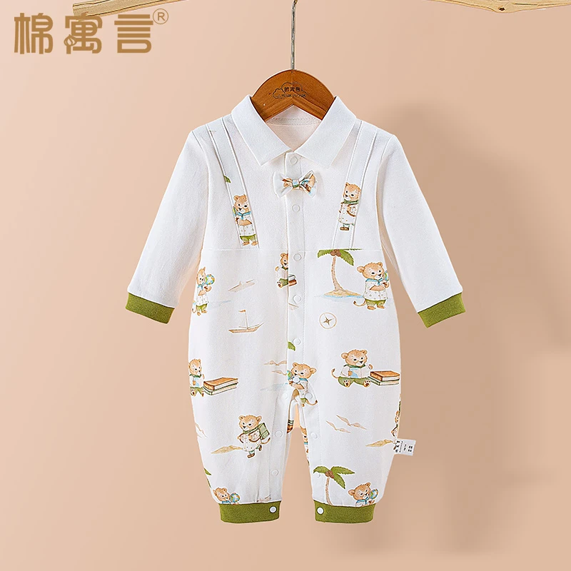 纯棉连体衣男宝宝长袖哈衣春秋可爱领结绅士风假两件婴儿外出爬服