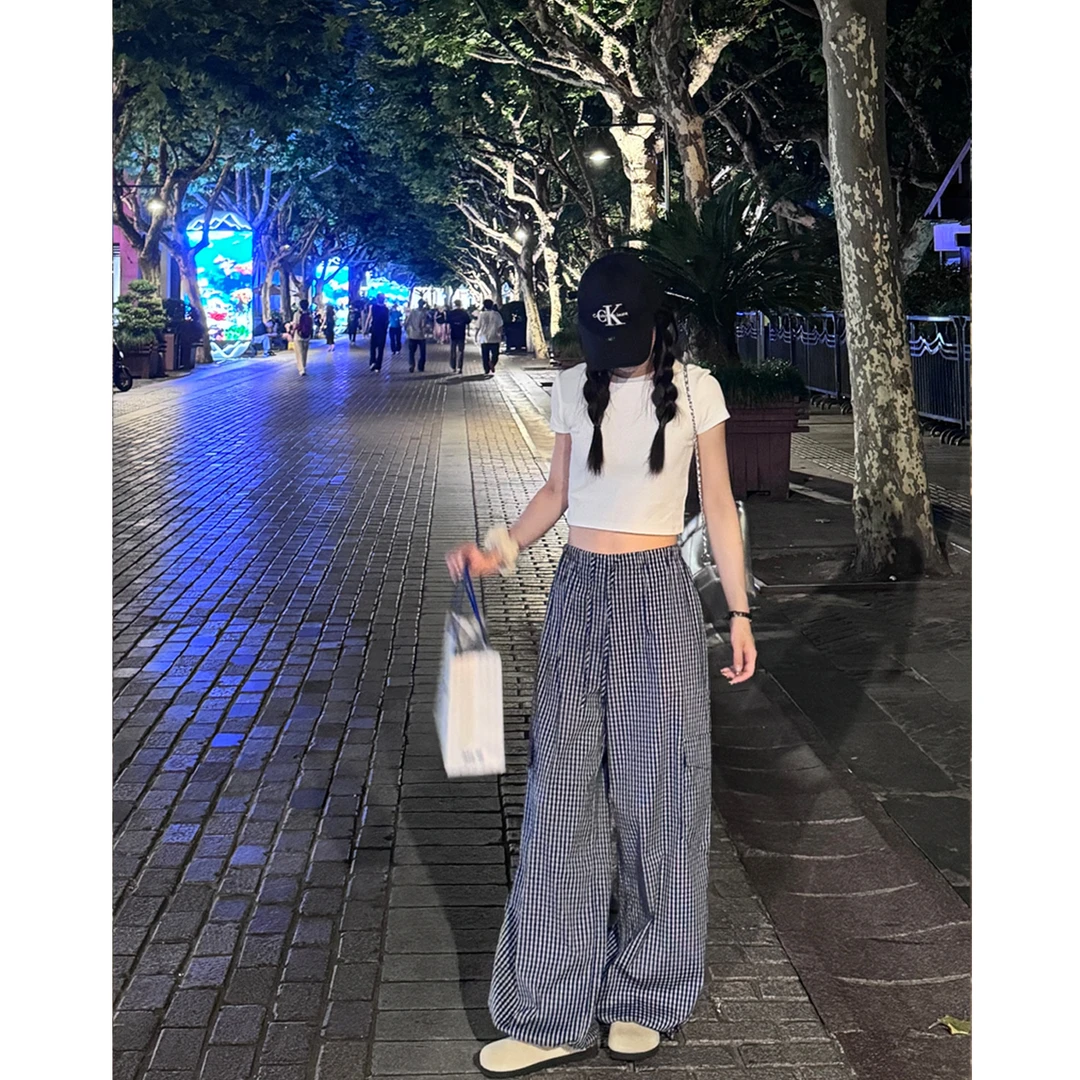 视频同款 格子休闲裤女抽绳束脚2024新款宽松显瘦松紧腰长裤子