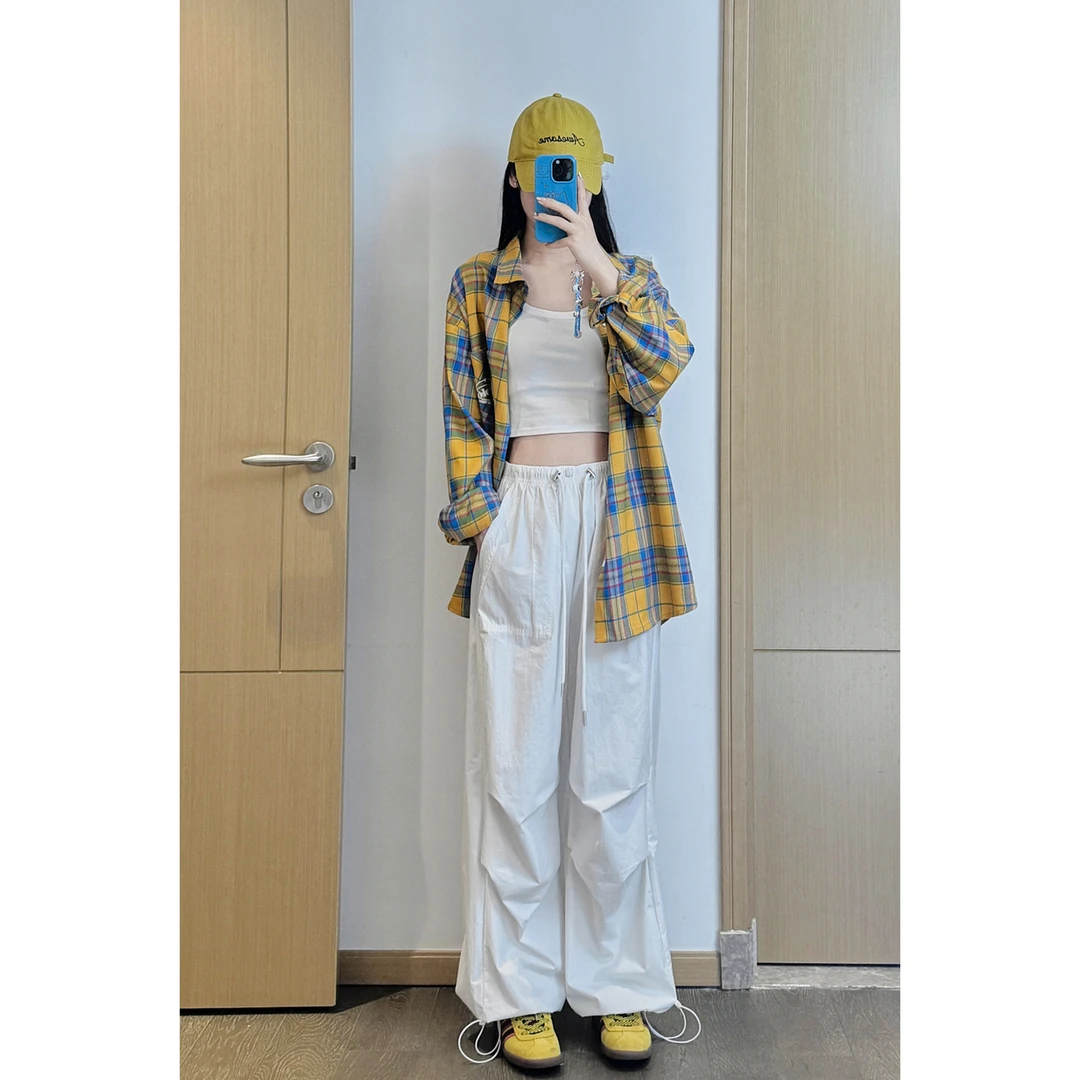 工装裤女2024新款美式直筒设计感休闲女裤松紧腰百搭女裤早秋