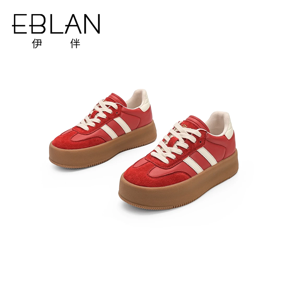 EBLAN/伊伴女鞋2024新款德训鞋厚底运动休闲鞋舒适板鞋百搭阿甘鞋