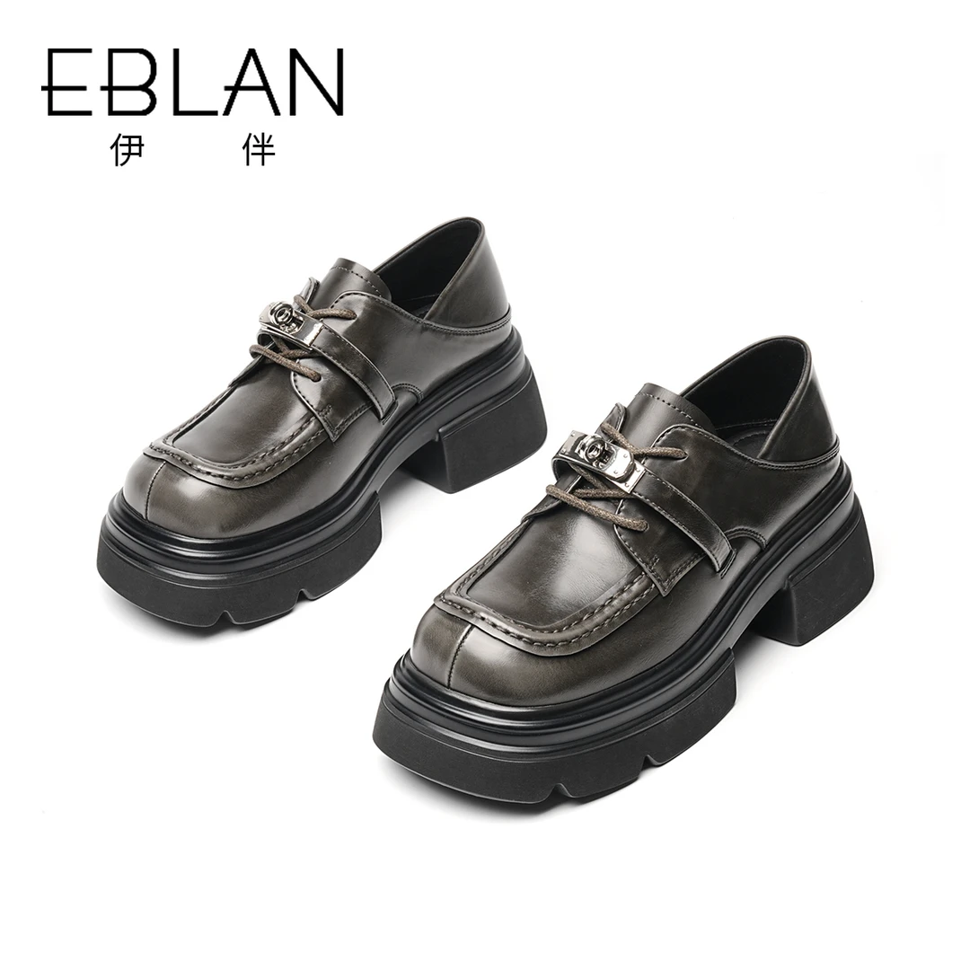 EBLAN/伊伴厚底方头女23秋季新款时尚百搭复古英伦风松糕底女鞋