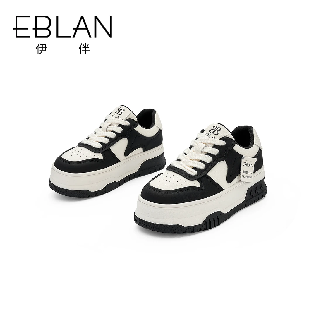 EBLAN/伊伴板鞋女2024春季厚底百搭休闲鞋黑白拼色运动鞋潮小白鞋