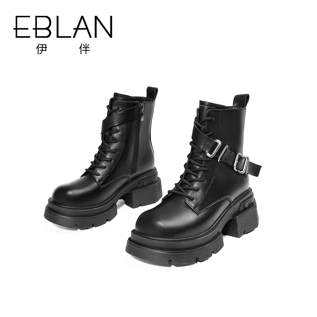 EBLAN/伊伴加绒机车靴女秋冬新款潮流皮带扣粗跟马丁靴英伦风女靴