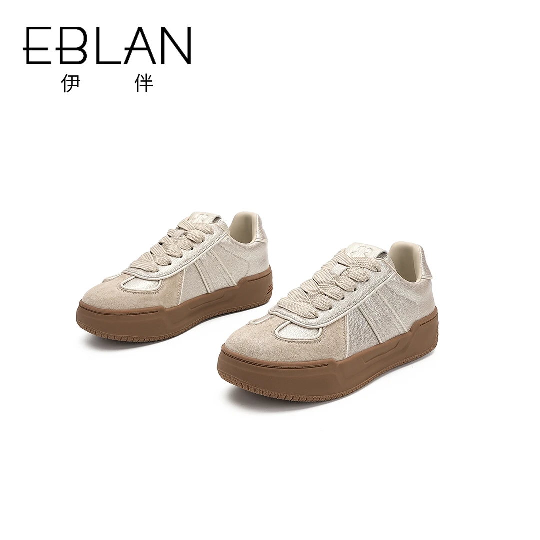 EBLAN/伊伴复古德训鞋女2024春季新款百搭厚底休闲鞋低帮小白鞋潮