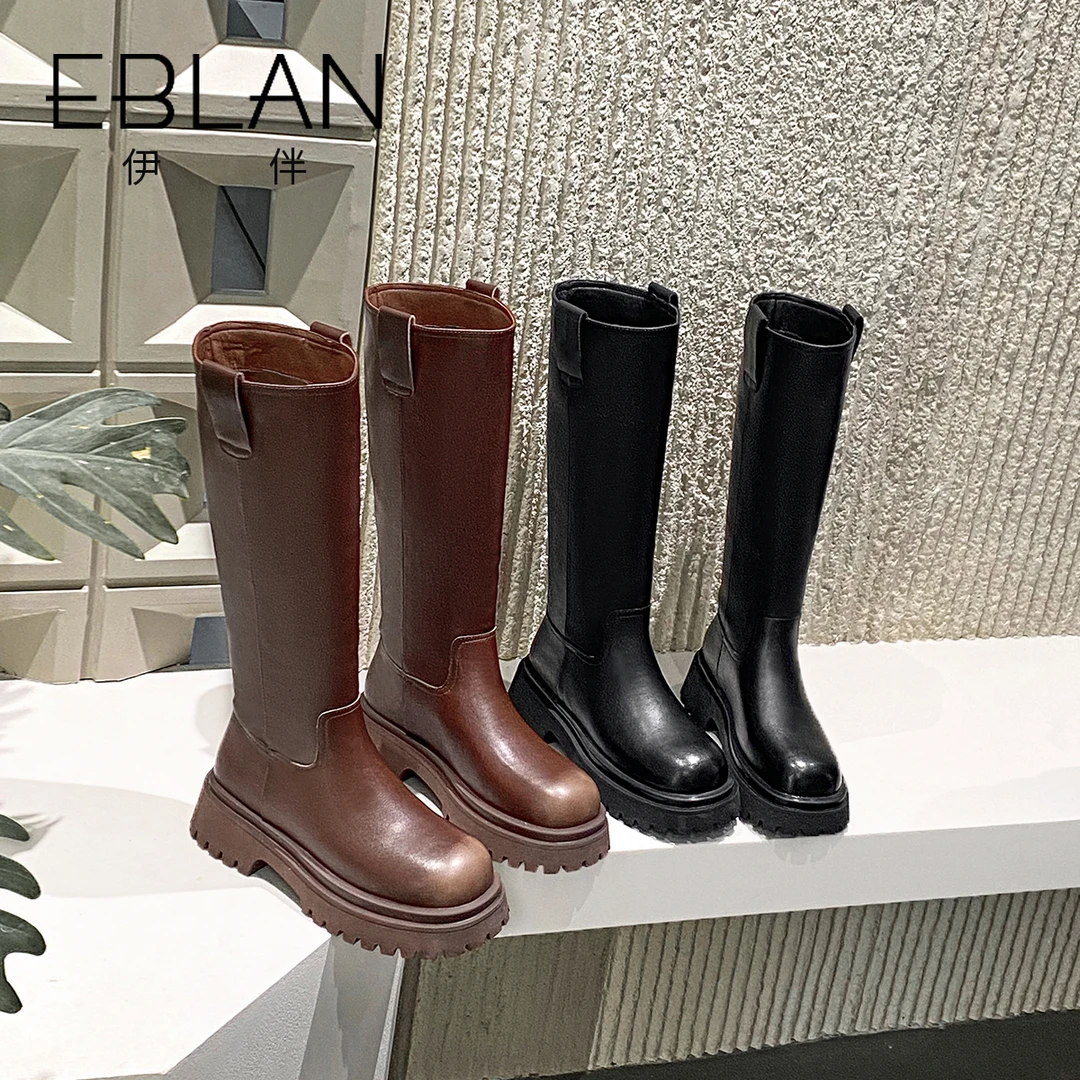 EBLAN/伊伴厚底骑士靴2023秋冬新款英伦风时尚百搭长筒靴显瘦女靴