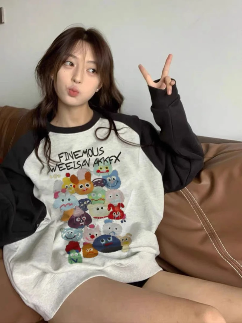 卫衣女秋冬宽松百搭个性涂鸦印花oversize插肩袖拼接撞色圆领上衣