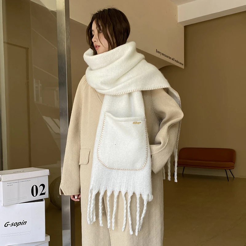 韩国2024新款秋冬韩版高级加厚圈圈纱流苏围巾女口袋披肩围脖