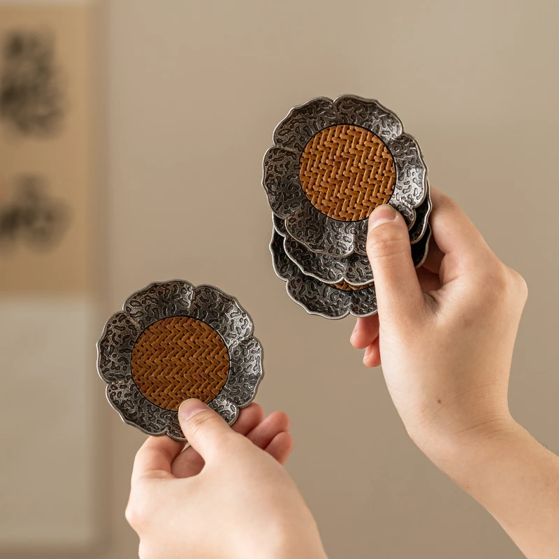 圆形中式合金竹编隔热杯垫创意手工酒杯垫子茶室茶杯功夫茶具配件