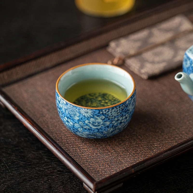 青花老陶泥手工主人杯单杯中式复古风茶杯功夫茶具家用单个品茗杯