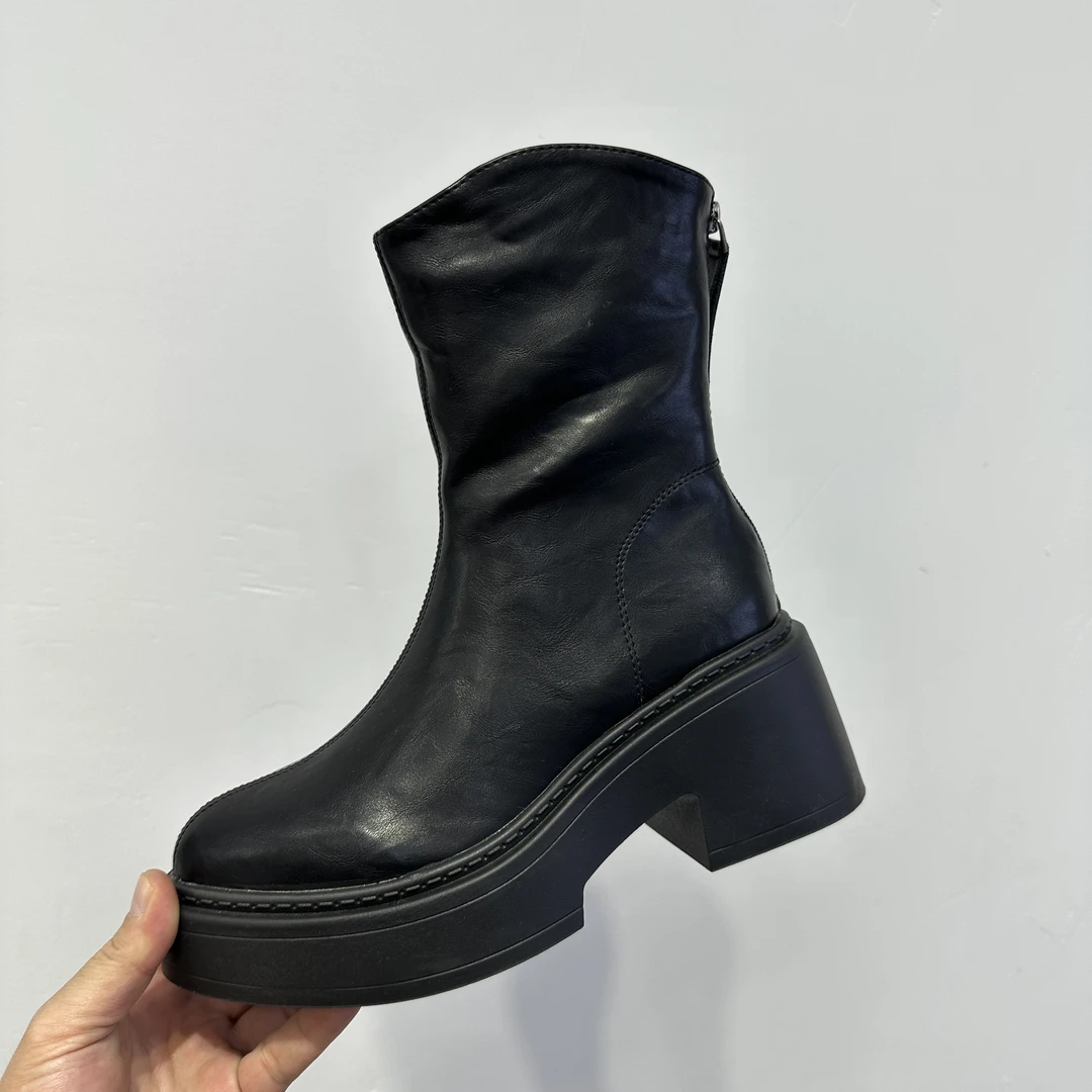 367-55  高跟短靴女粗跟松糕厚底圆头防水台后拉链英伦风马丁靴