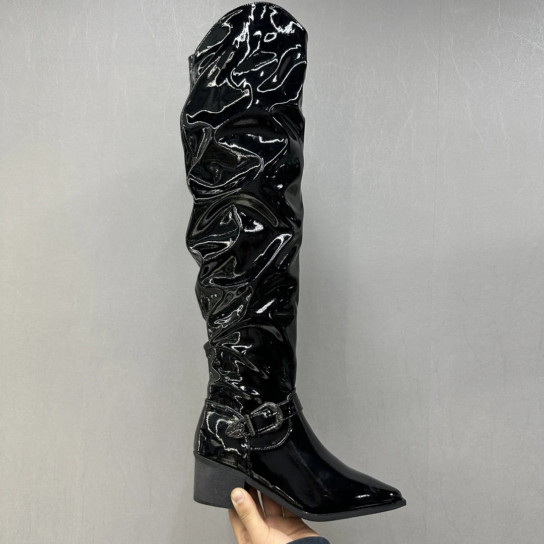 3090-5  2024爆款冬季时尚中跟粗跟尖头长筒过膝靴秋冬黑色