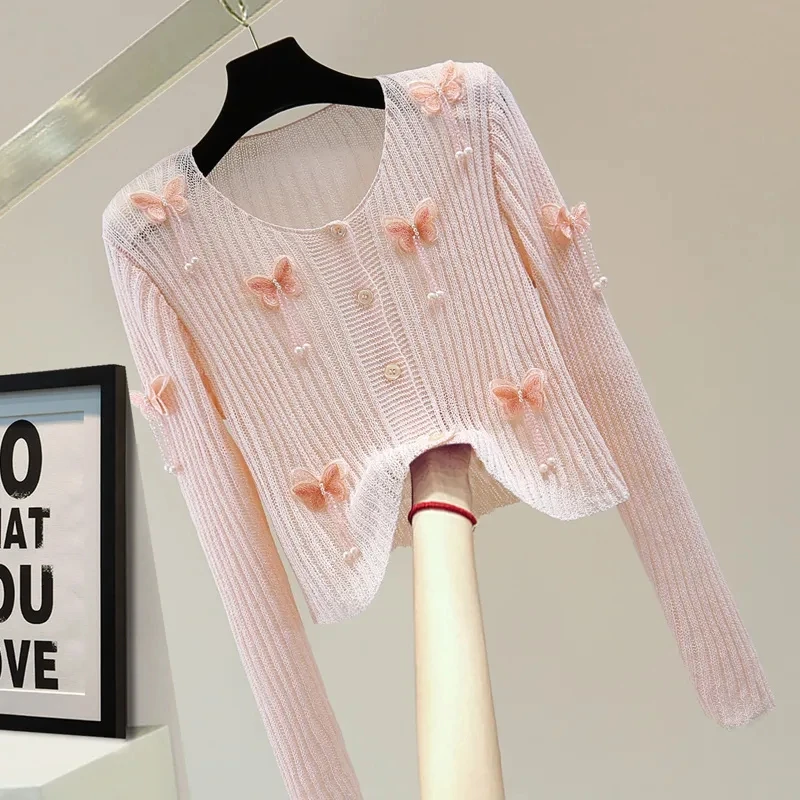 【80-180斤】钉珠流苏长袖冰丝防晒衫2023夏季显瘦蝴蝶刺绣针织衫