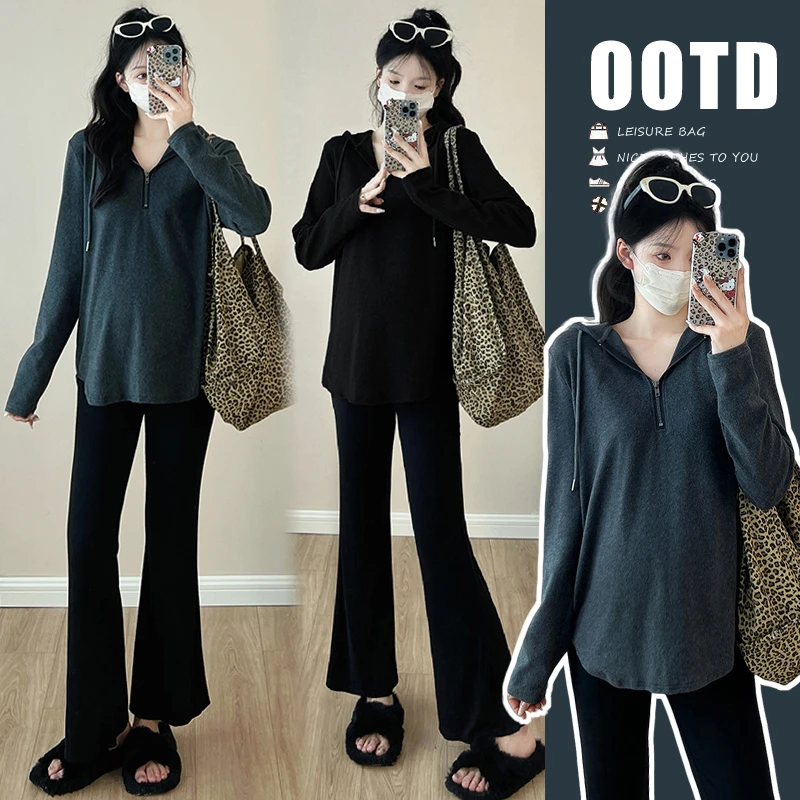 【MOMO】2024秋季新款懒慵懒风宽松半拉链打底德拉绒卫衣百搭孕妇装