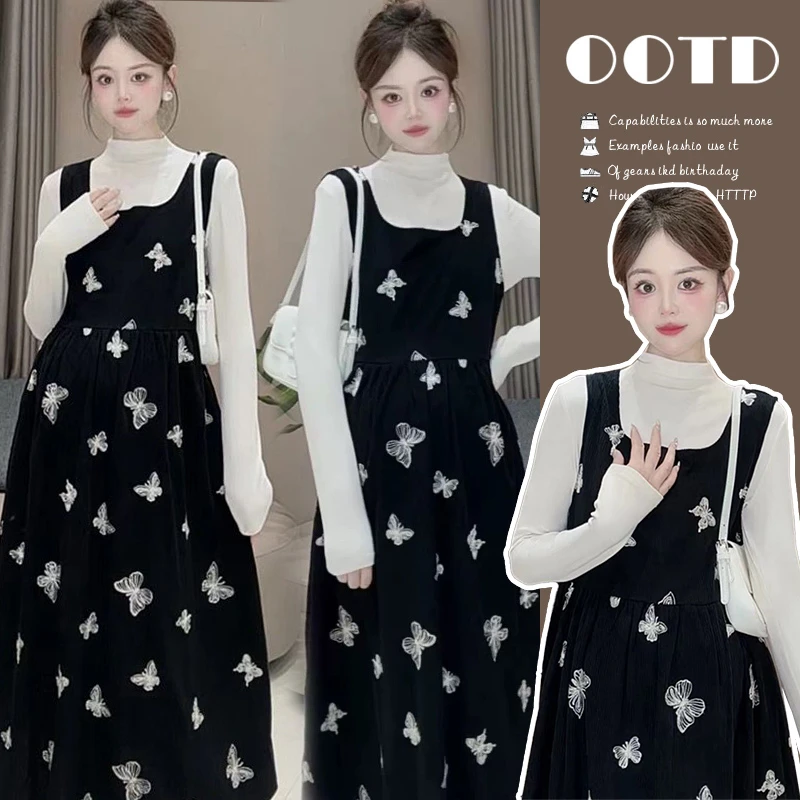 【MOMO】孕妇装2024秋季新款蝴蝶结刺绣韩版宽松显瘦长款大码套装