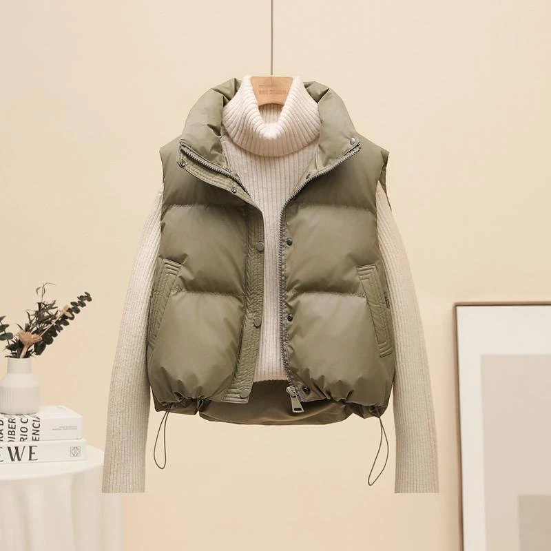 2025秋冬季新款女士小个子短款棉服马甲休闲保暖背心立领pu马夹