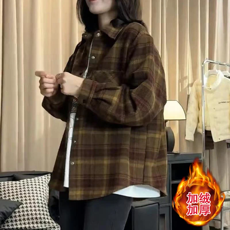 2025秋冬季新款女士加厚磨毛格子衬衫外套中长款高级感小个子上衣