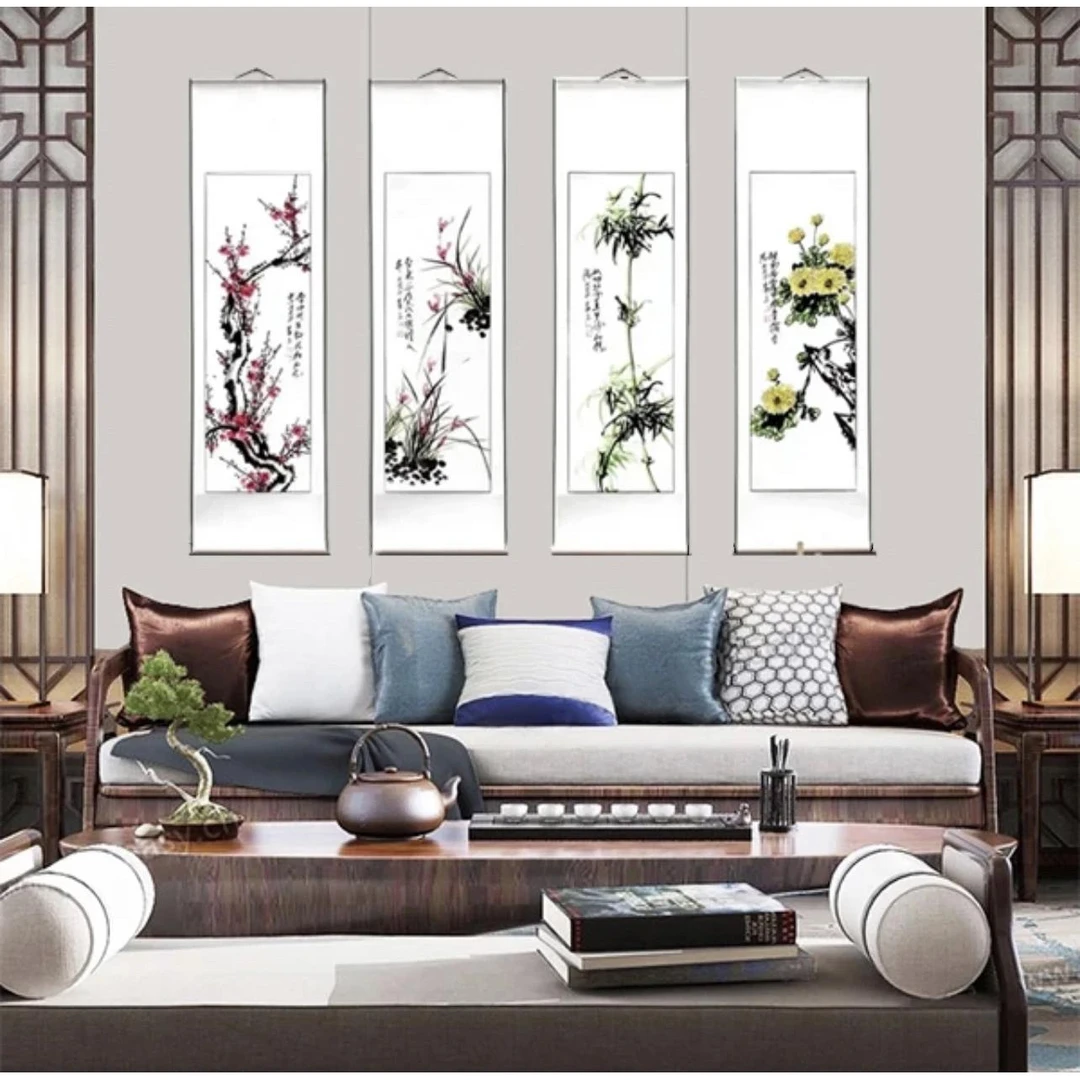 梅兰竹菊150cm*40cm已装裱客厅书房办公室卧室花鸟装饰挂画