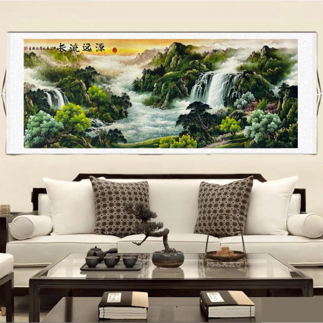 源远流长大丈二已装裱320cm*96cm客厅办公室中堂山水风景画装饰画
