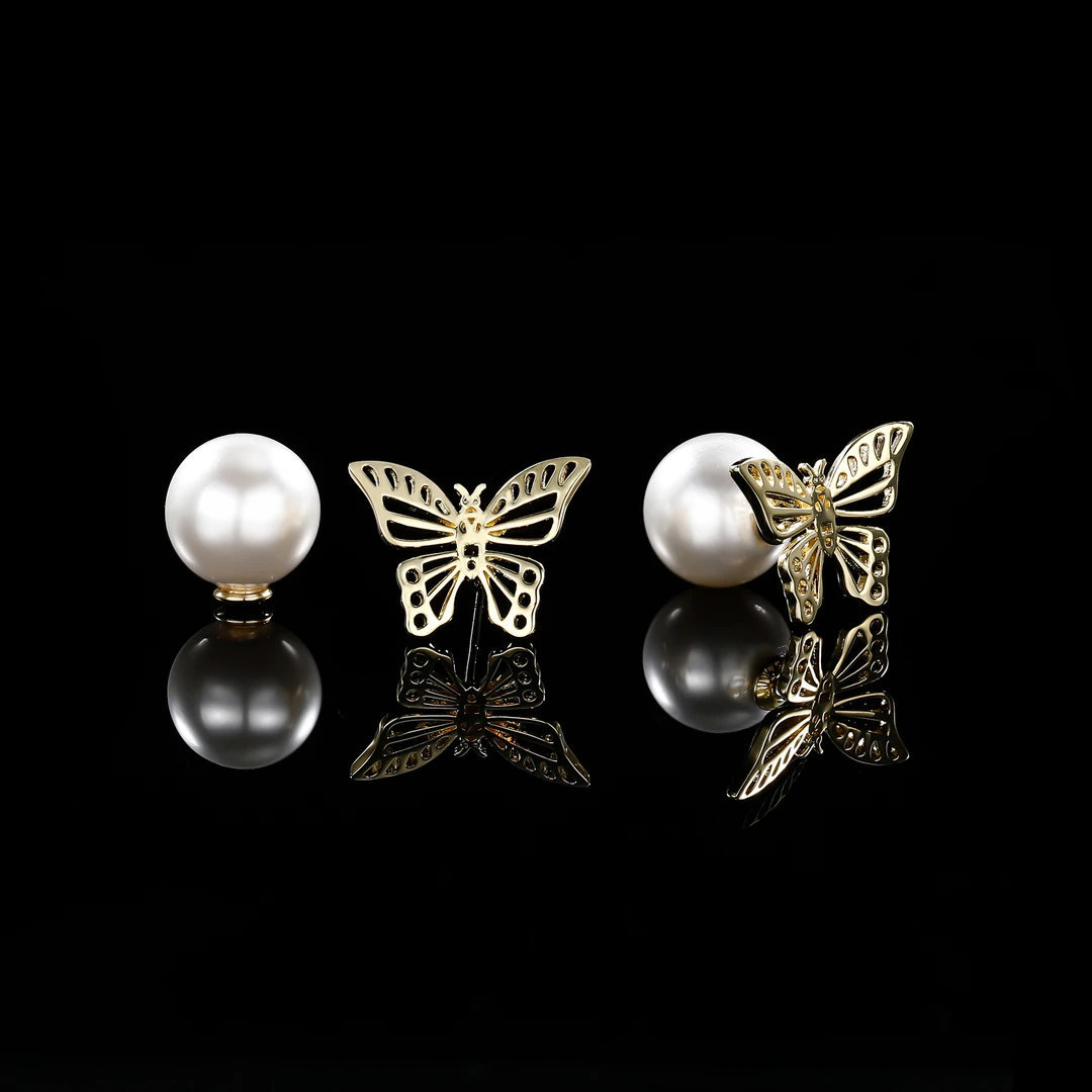 铜合金仿珍珠耳饰 木木（SY2839）AFA-0136L轻奢仿珍珠镂空蝴蝶耳饰