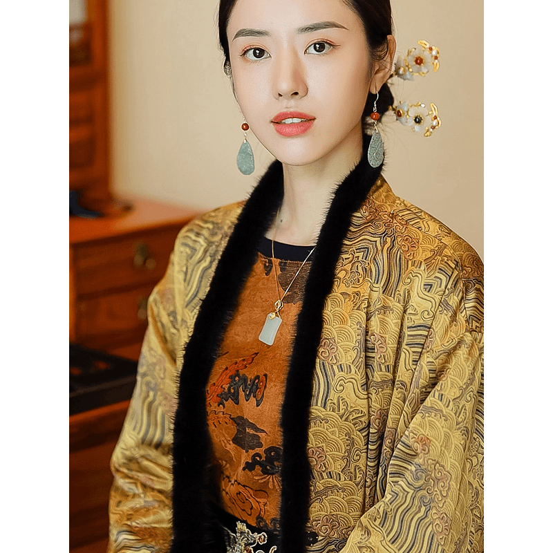 复古日记 桑蚕丝香云纱水貂毛条长款外套印花新中式重磅提花外套女