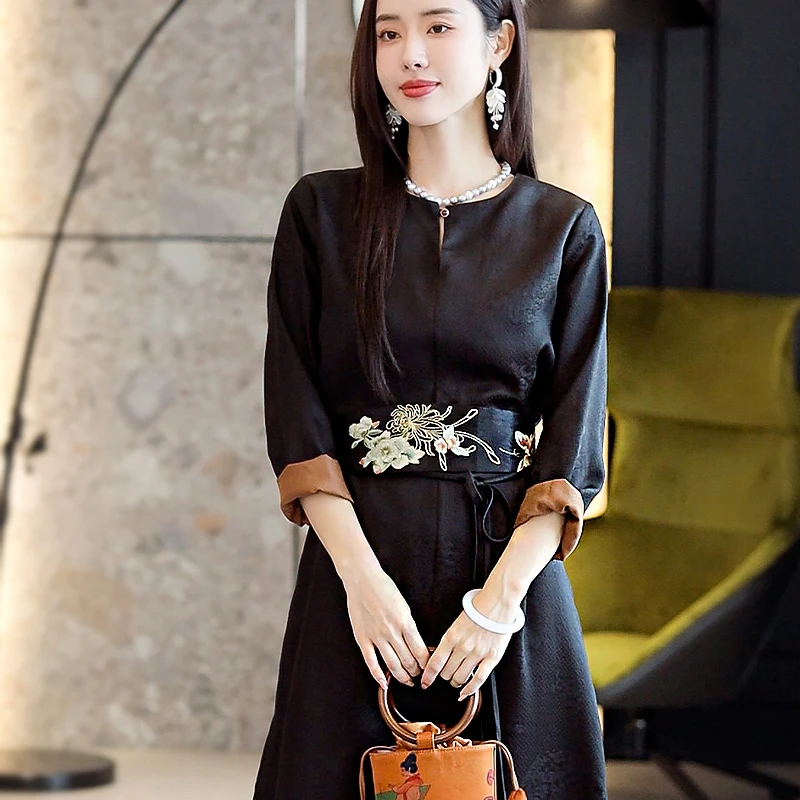 复古日记“檀玉”三经平纹罗香云纱100桑蚕丝圆领女装连衣裙24GL385